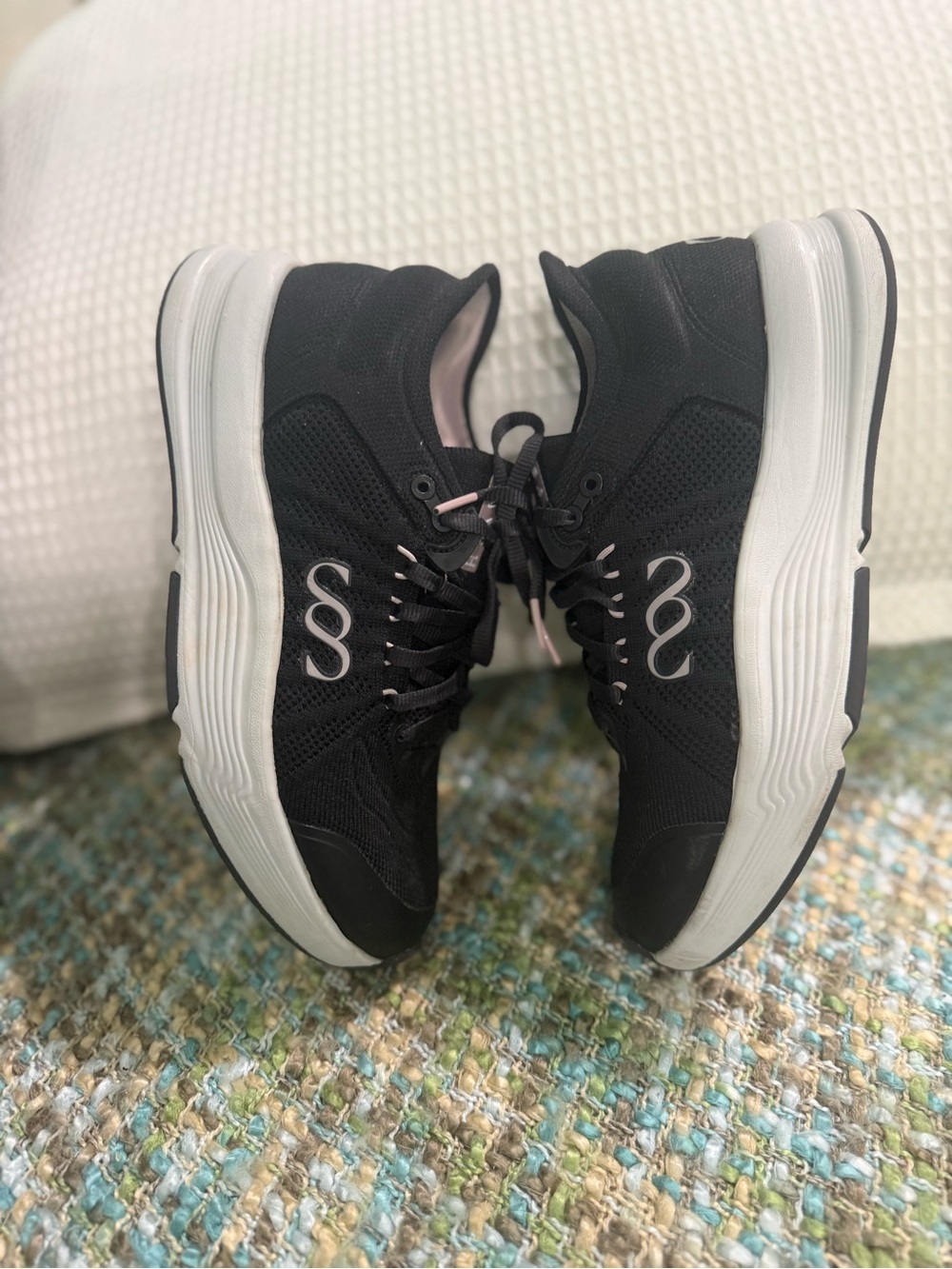 Women's Black Athletic Sneakers with White Platform Sole and Pink Accents